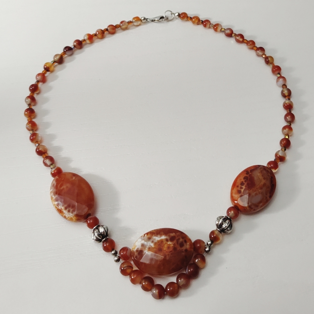 Vintage Sterling Silver Faceted Red Fire Agate Statement Necklace 19" - Picture 10 of 12
